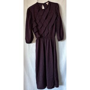 Vtg Jerry Jee 70s Ruffle Pinstripe Burgundy Elastic Waist Fit Flare Midi Dress 9